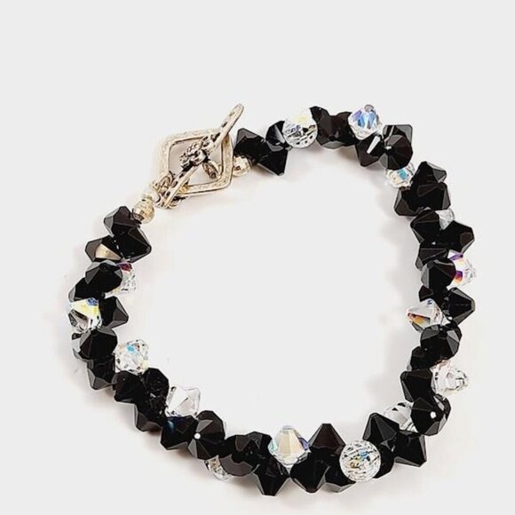 Vintage 925 Silver & Faceted Aurora Borealis Glass Beaded Toggle Bracelet - Picture 1 of 3